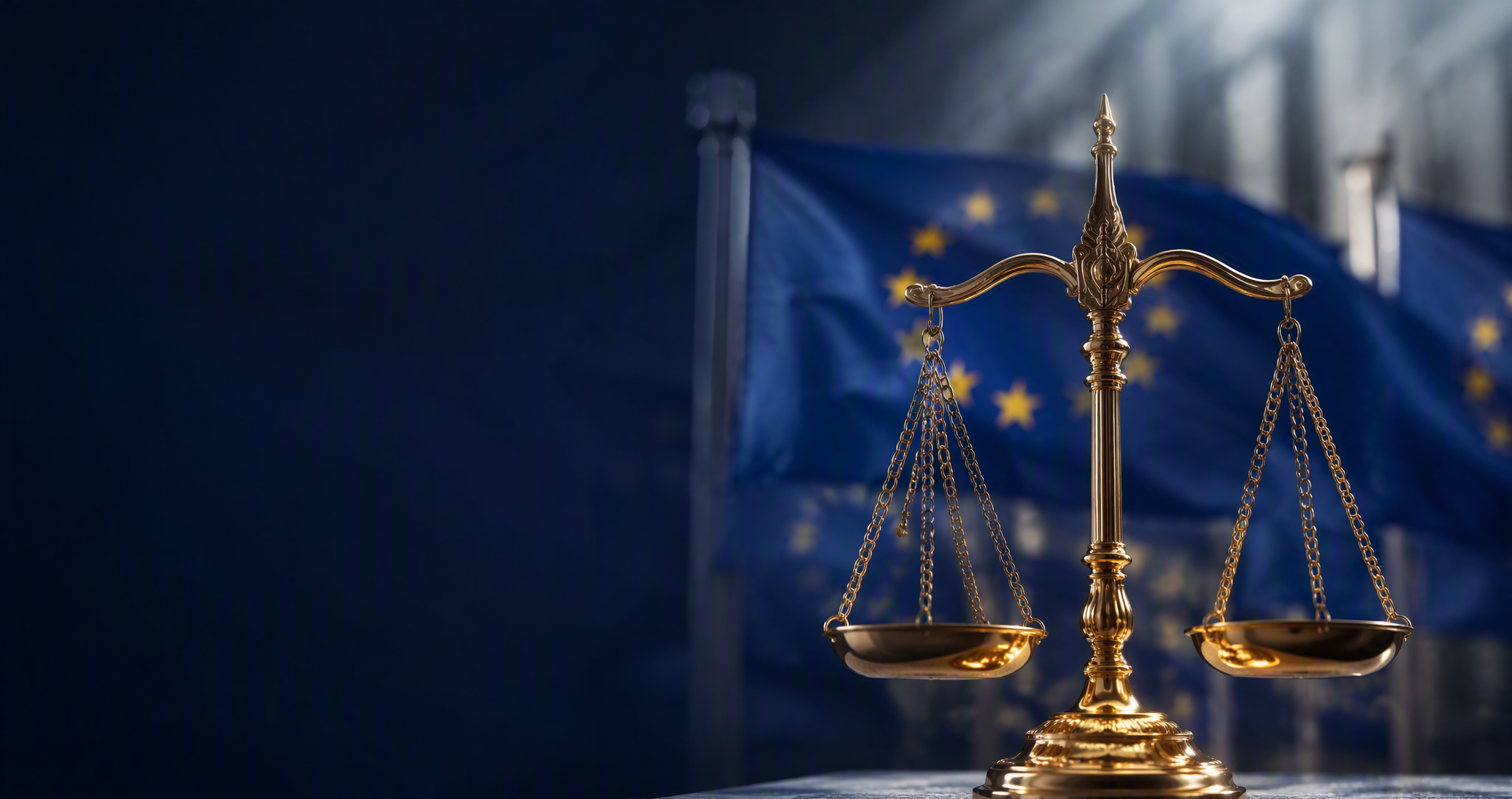 Tehtnica pravice pred zastavami Evropske unije